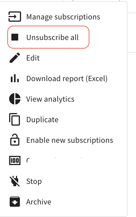 The actions menu that has the Unsubscribe all button